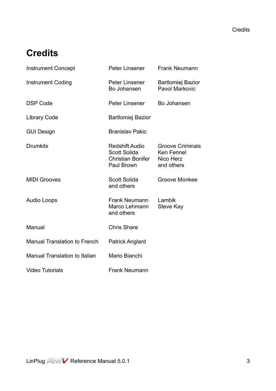 Credits | LinPlug RMV User Manual | Page 3 / 154