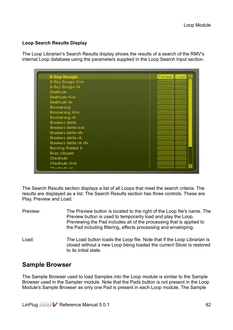 Loop search results display, Sample browser | LinPlug RMV User Manual | Page 82 / 154