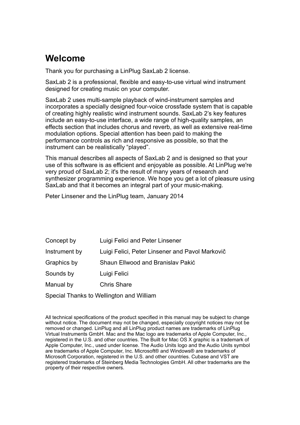Welcome | LinPlug SaxLab User Manual | Page 2 / 36