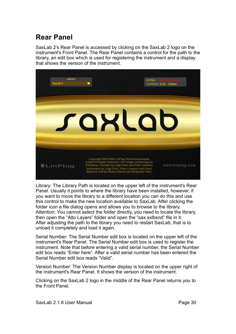 Rear panel | LinPlug SaxLab User Manual | Page 30 / 36