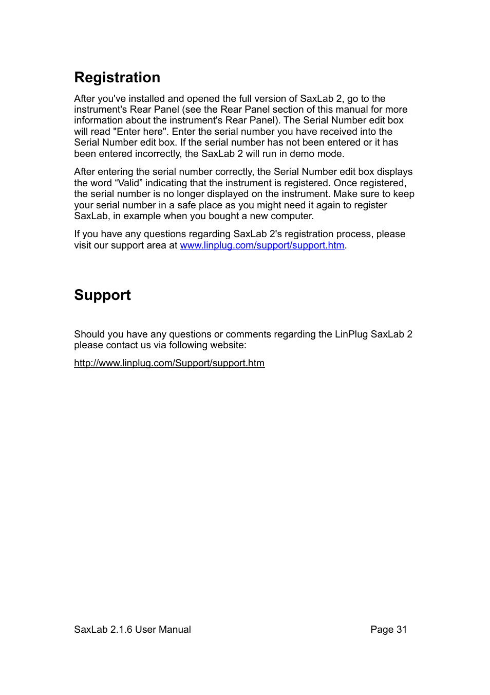 Registration, Support | LinPlug SaxLab User Manual | Page 31 / 36