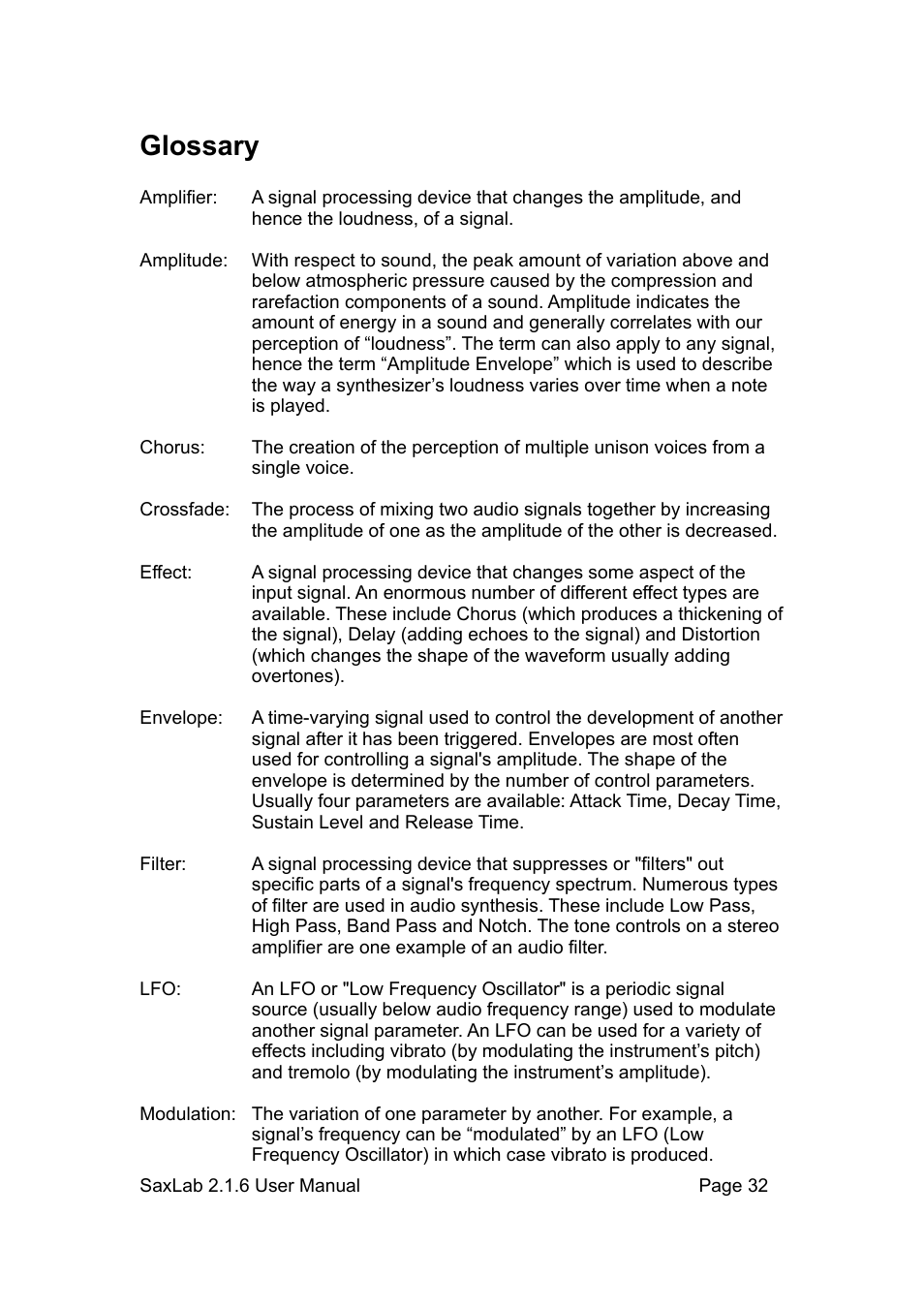 Glossary | LinPlug SaxLab User Manual | Page 32 / 36