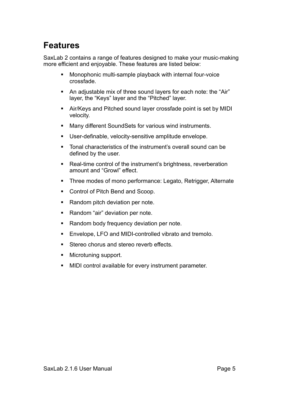 Features | LinPlug SaxLab User Manual | Page 5 / 36