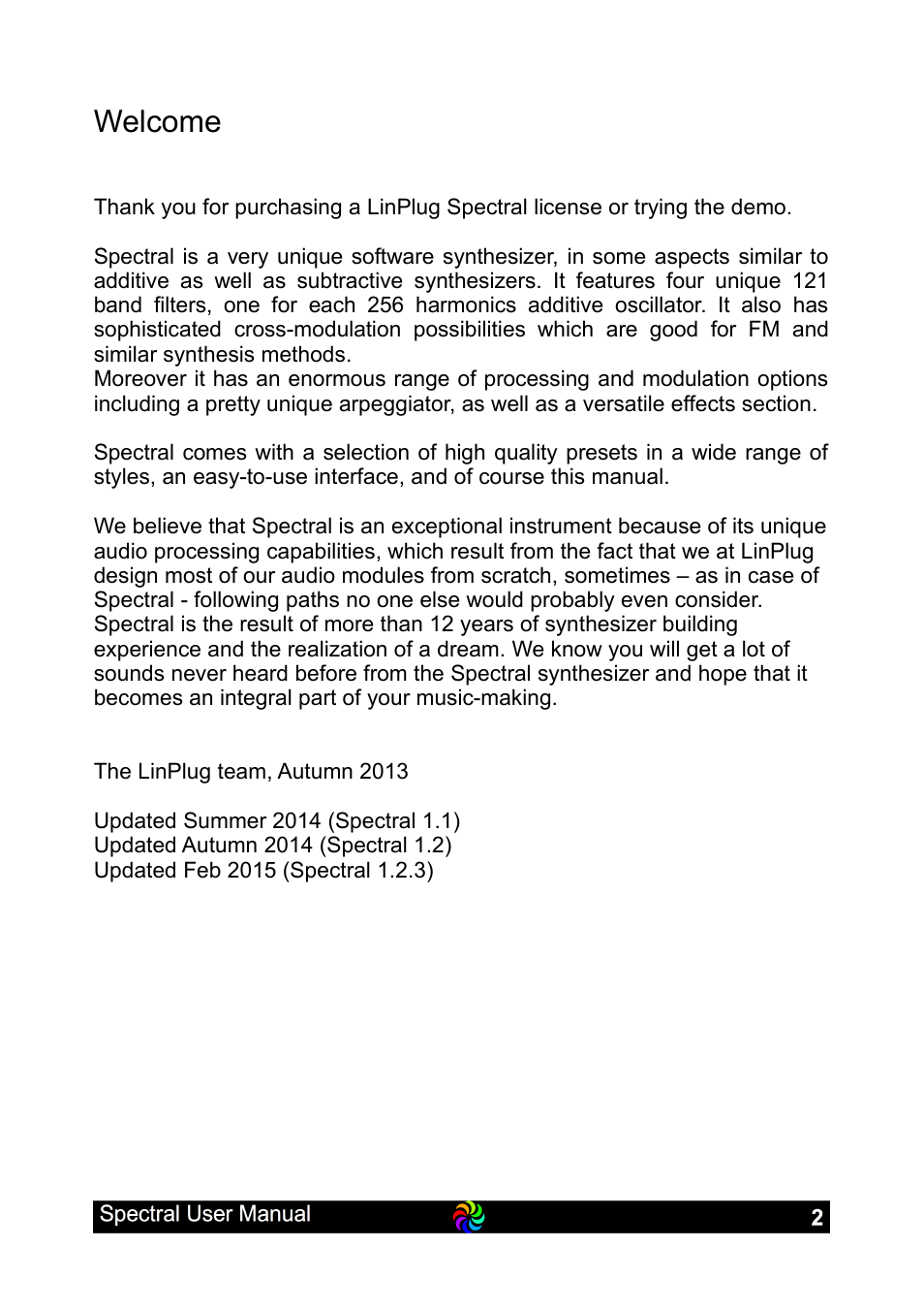 Welcome | LinPlug Spectral User Manual | Page 2 / 107