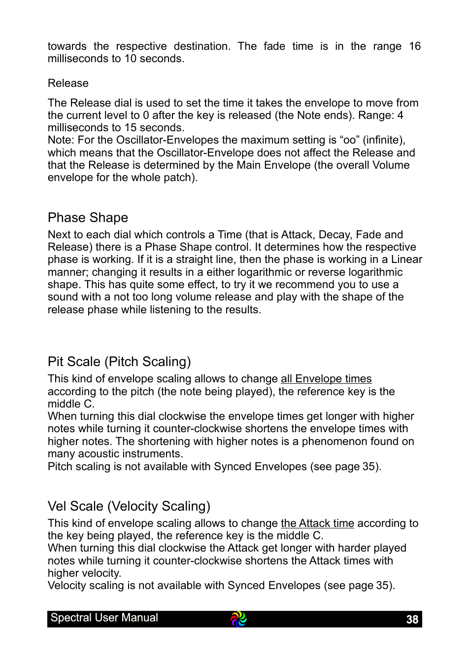Phase shape, Pit scale (pitch scaling), Vel scale (velocity scaling) | LinPlug Spectral User Manual | Page 38 / 107