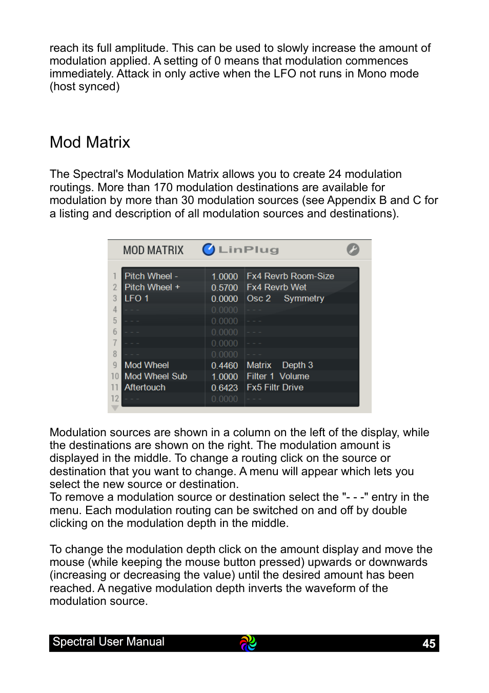 Mod matrix | LinPlug Spectral User Manual | Page 45 / 107