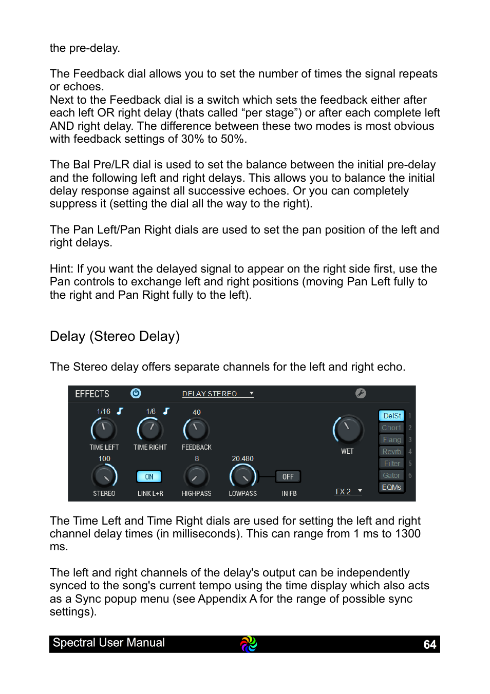 Delay (stereo delay) | LinPlug Spectral User Manual | Page 64 / 107