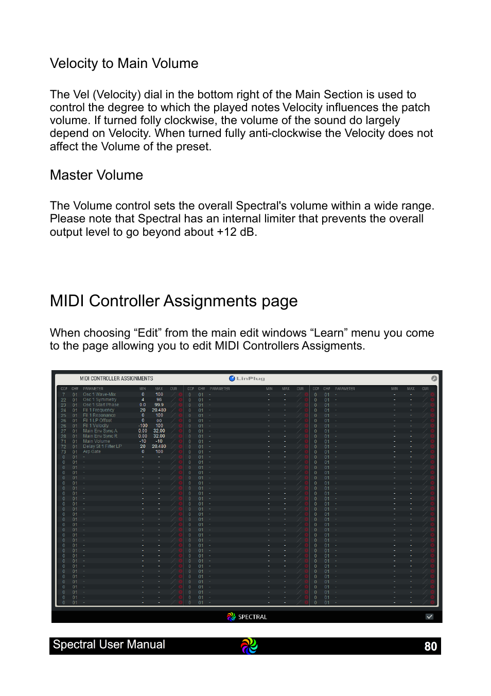 Midi controller assignments page | LinPlug Spectral User Manual | Page 80 / 107