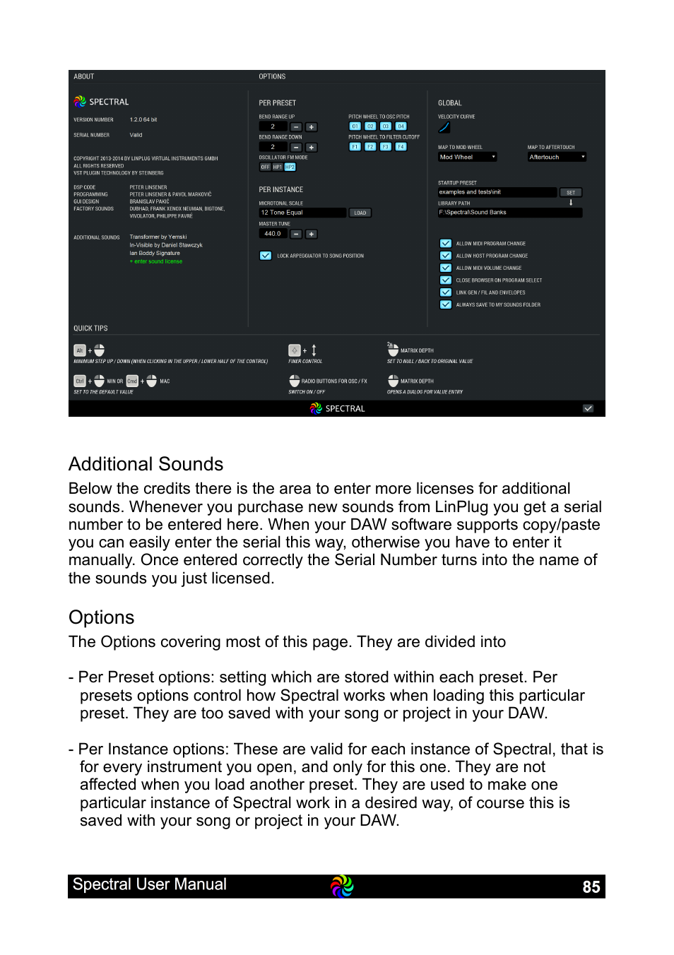Additional sounds, Options | LinPlug Spectral User Manual | Page 85 / 107