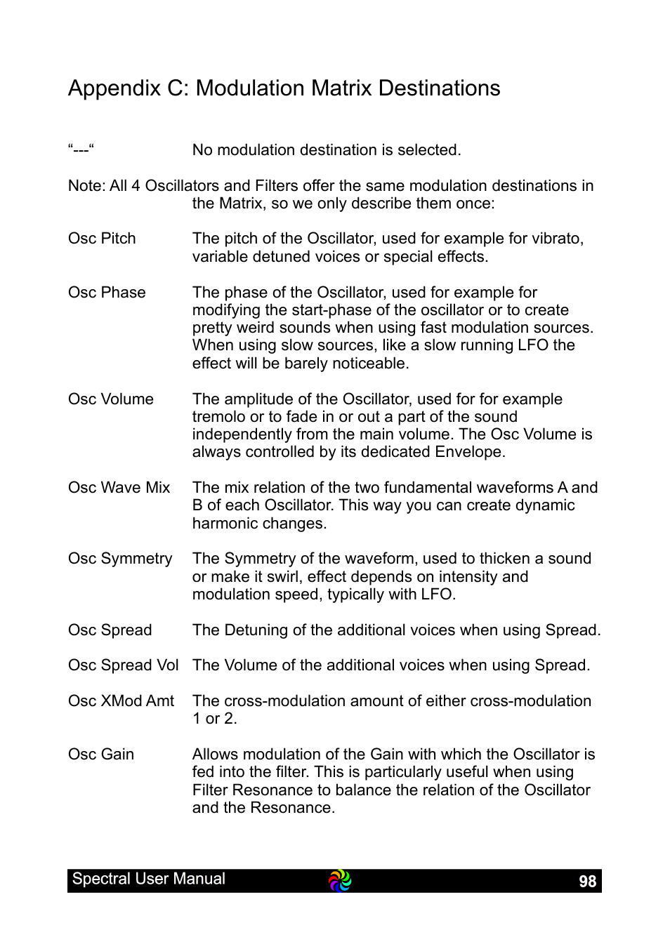 Appendix c: modulation matrix destinations | LinPlug Spectral User Manual | Page 98 / 107