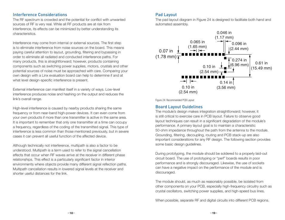Interference considerations, Pad layout, Board layout guidelines | Linx Technologies TXM-xxx-KH3 User Manual | Page 12 / 19