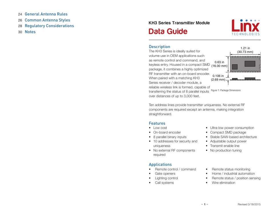 Description, Features, Applications | Data guide | Linx Technologies TXM-xxx-KH3 User Manual | Page 3 / 19