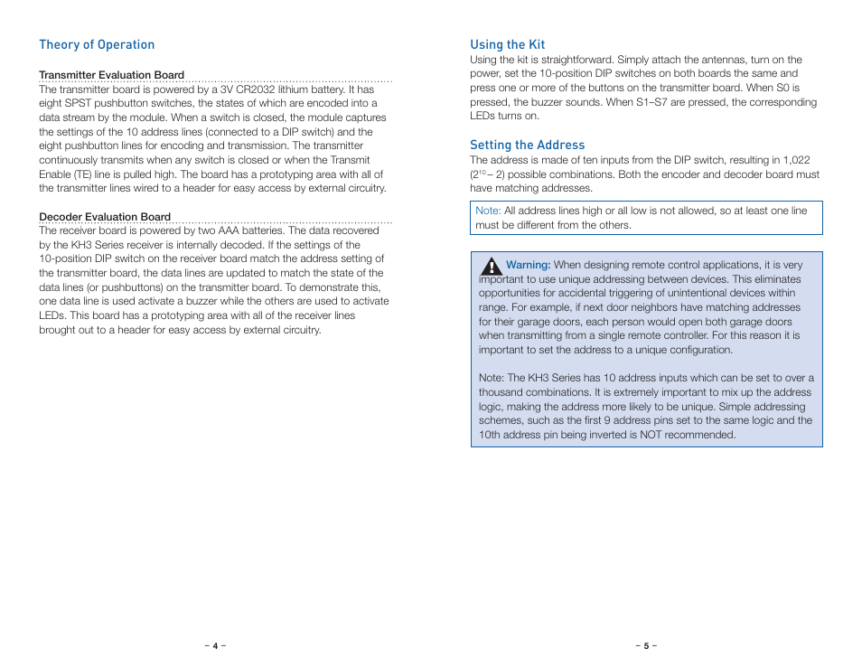 Theory of operation, Using the kit, Setting the address | Linx Technologies EVAL-xxx-KH3 User Manual | Page 5 / 9