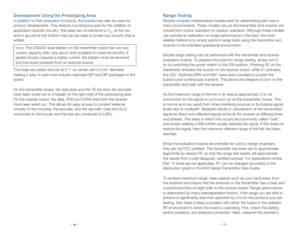 Development using the prototyping area, Range testing | Linx Technologies EVAL-xxx-KH3 User Manual | Page 6 / 9