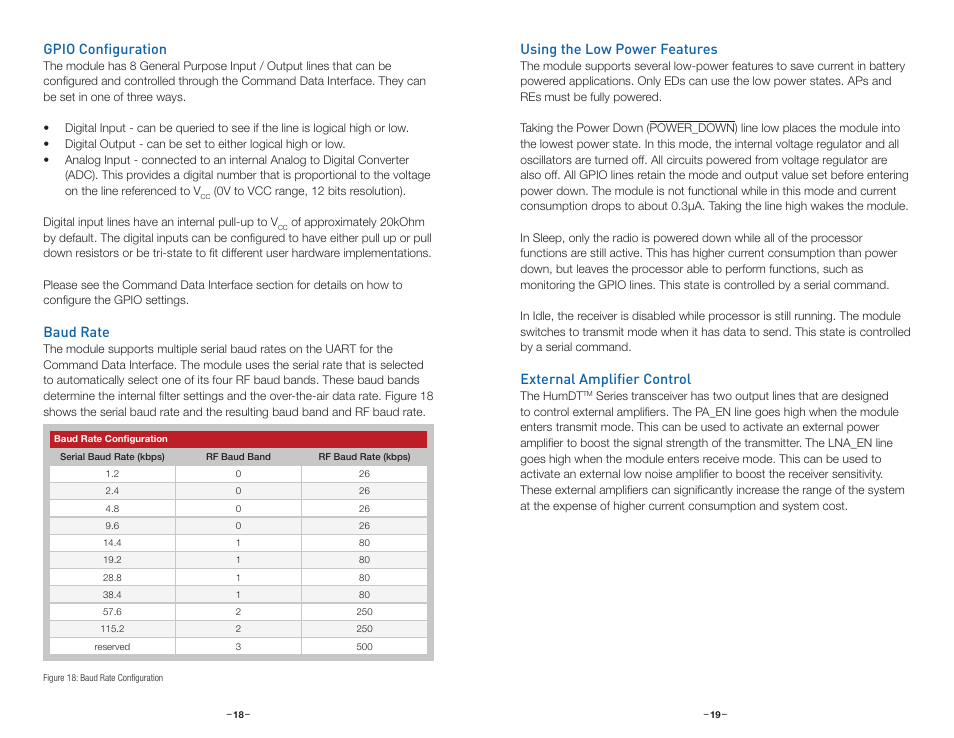 Gpio configuration, Baud rate, Using the low power features | External amplifier control | Linx Technologies HUM-xxx-DT User Manual | Page 12 / 37