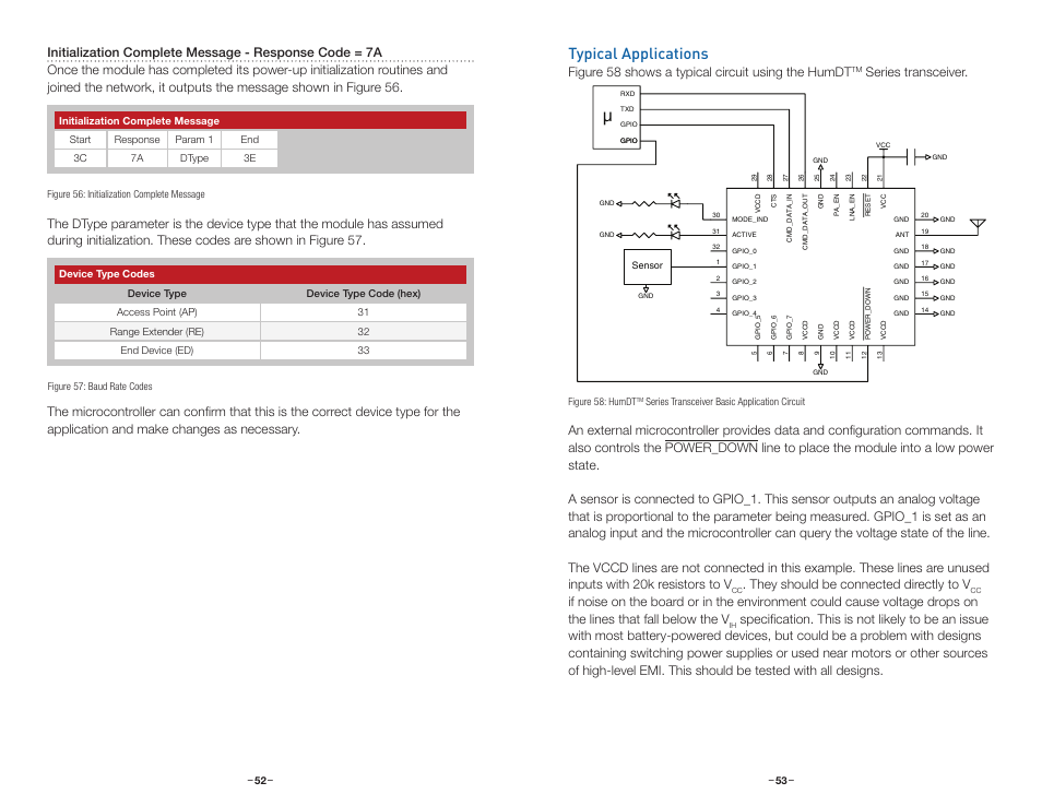 Typical applications, Initialization complete message, Figure 58 shows a typical cir cuit using the humdt | They should be connected directly to v | Linx Technologies HUM-xxx-DT User Manual | Page 29 / 37