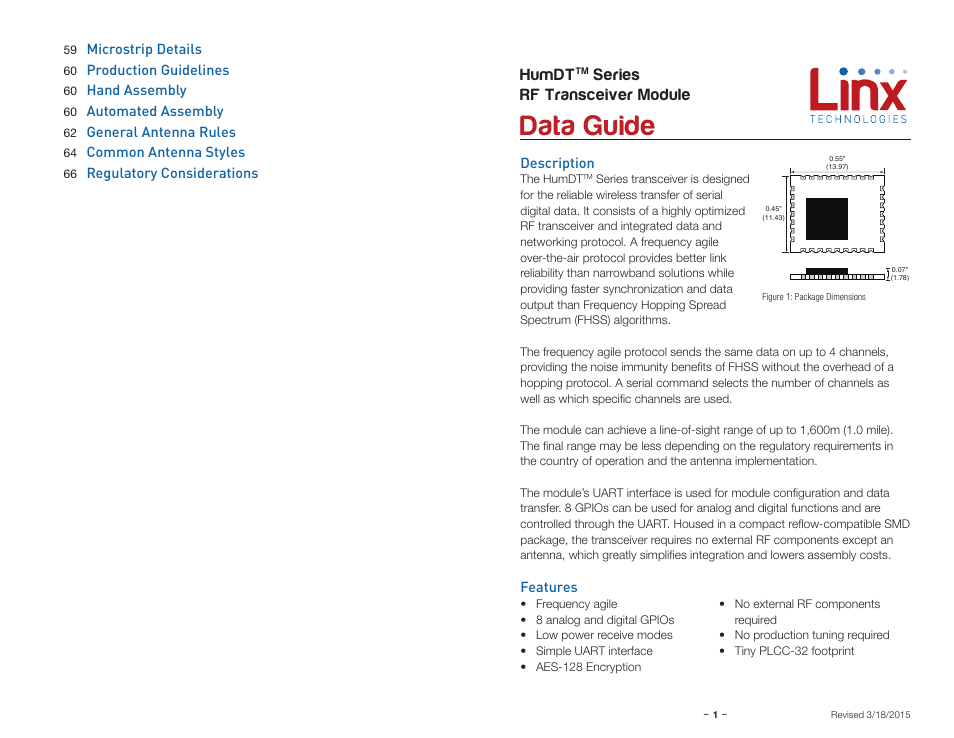 Description, Features, Data guide | Humdt, Series rf transceiver module | Linx Technologies HUM-xxx-DT User Manual | Page 3 / 37