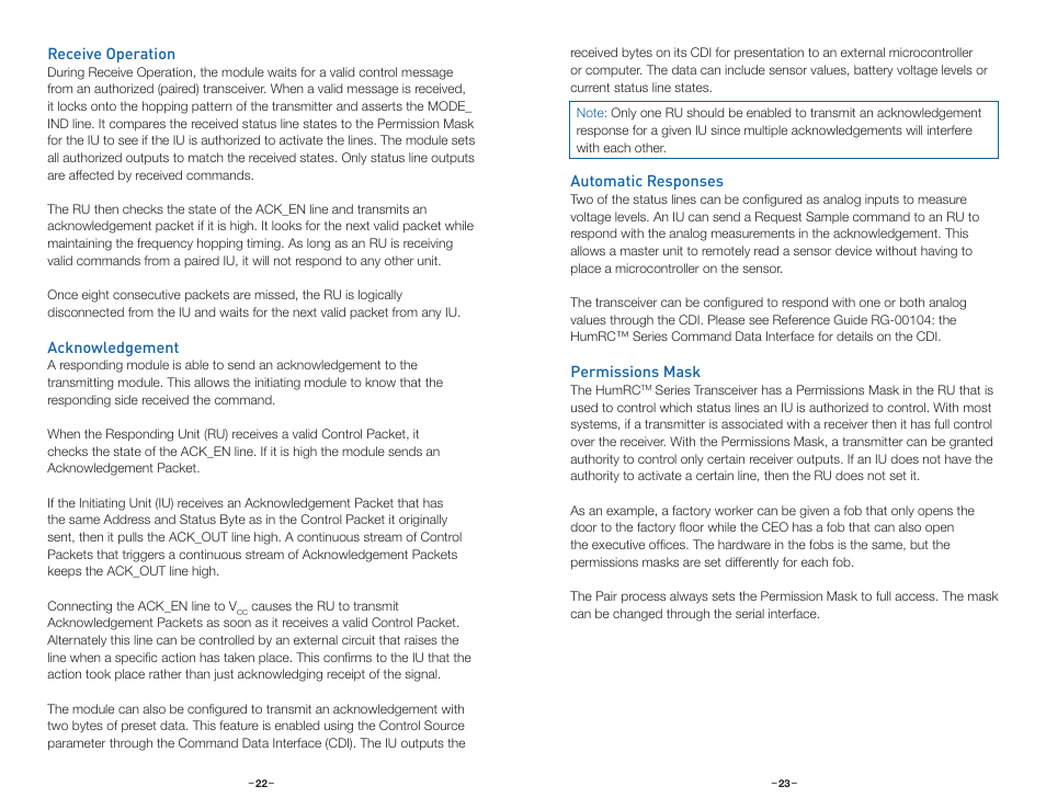 Receive operation, Acknowledgement, Automatic responses | Permissions mask | Linx Technologies HUM-xxx-RC User Manual | Page 14 / 31