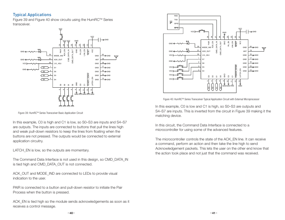 Typical applications, Figure 39: humrc, Series transceiver basic application circuit | Figure 40: humrc | Linx Technologies HUM-xxx-RC User Manual | Page 23 / 31