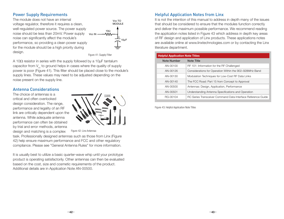 Power supply requirements, Antenna considerations, Helpful application notes from linx | Linx Technologies HUM-xxx-RC User Manual | Page 24 / 31