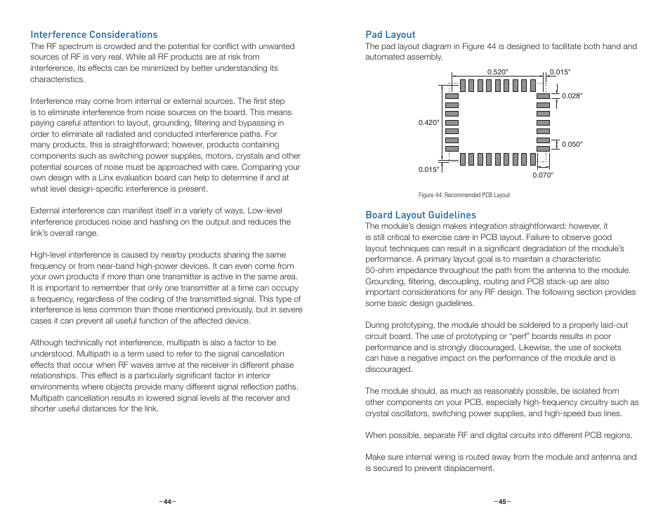 Interference considerations, Pad layout, Board layout guidelines | Linx Technologies HUM-xxx-RC User Manual | Page 25 / 31