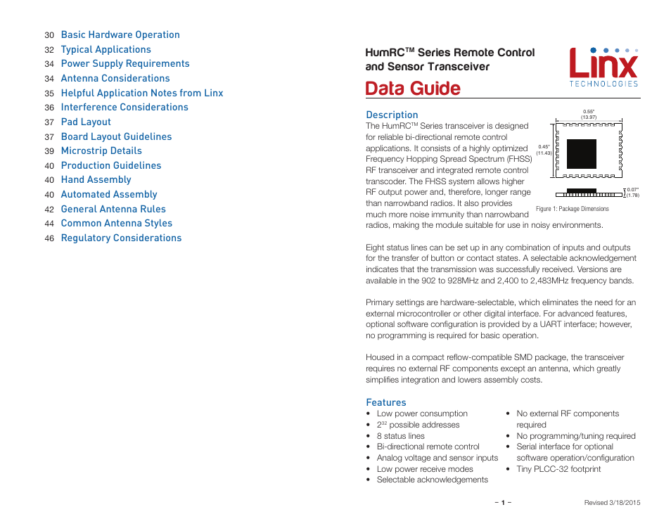 Description, Features, Data guide | Humrc, Series remote control and sensor transceiver | Linx Technologies HUM-xxx-RC User Manual | Page 3 / 31
