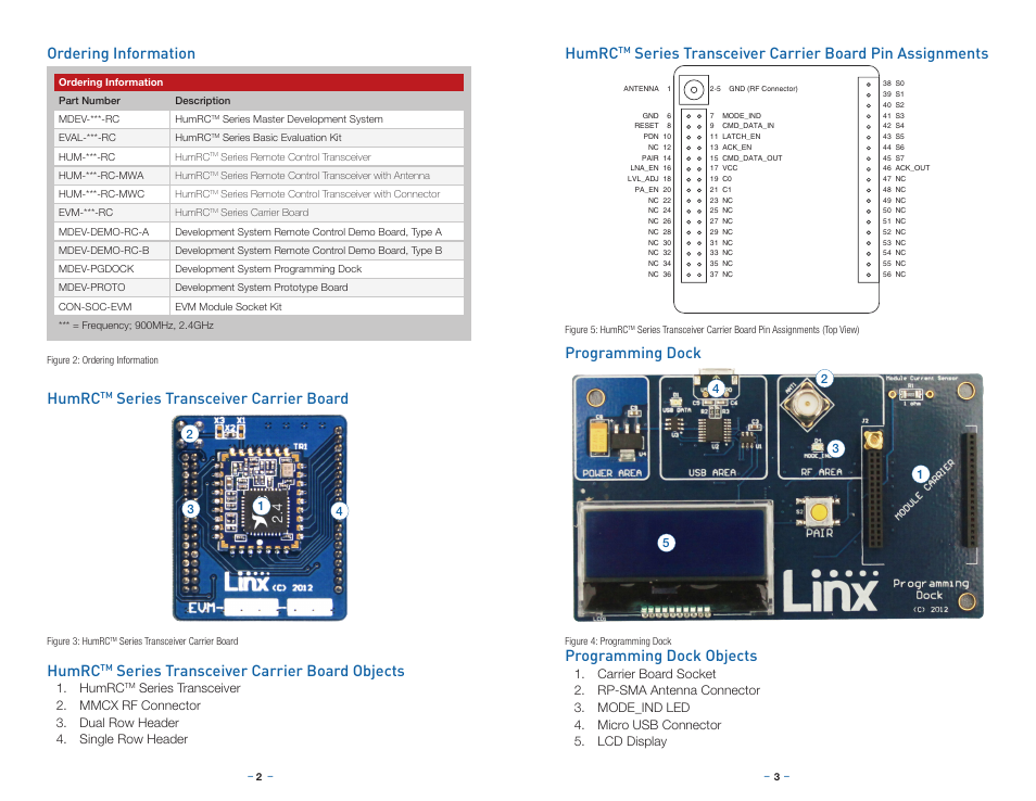 Ordering information, Tt series transceiver carrier board, Tt series transceiver carrier board objects | Programming dock, Programming dock objects, Humrc™ series transceiver carrier board, Humrc™ series transceiver carrier board objects, Humrc™ series transceiver carrier board pin, Assignments, Humrc | Linx Technologies MDEV-xxx-RC User Manual | Page 4 / 25
