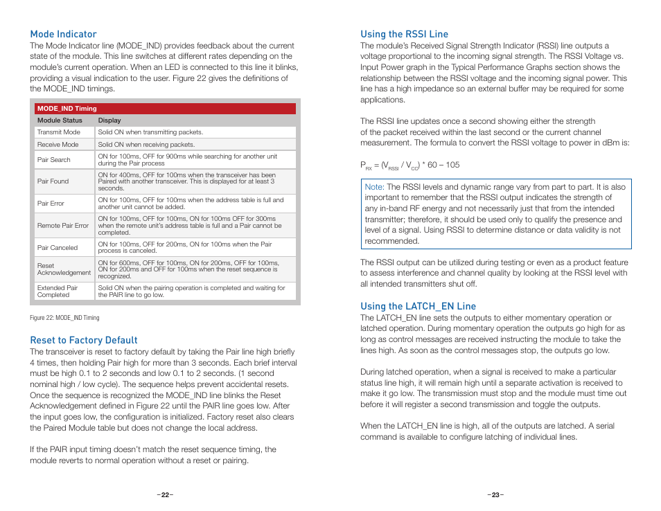 Mode indicator, Reset to factory default, Using the rssi line | Using the latch_en line | Linx Technologies TRM-xxx-TT User Manual | Page 14 / 29