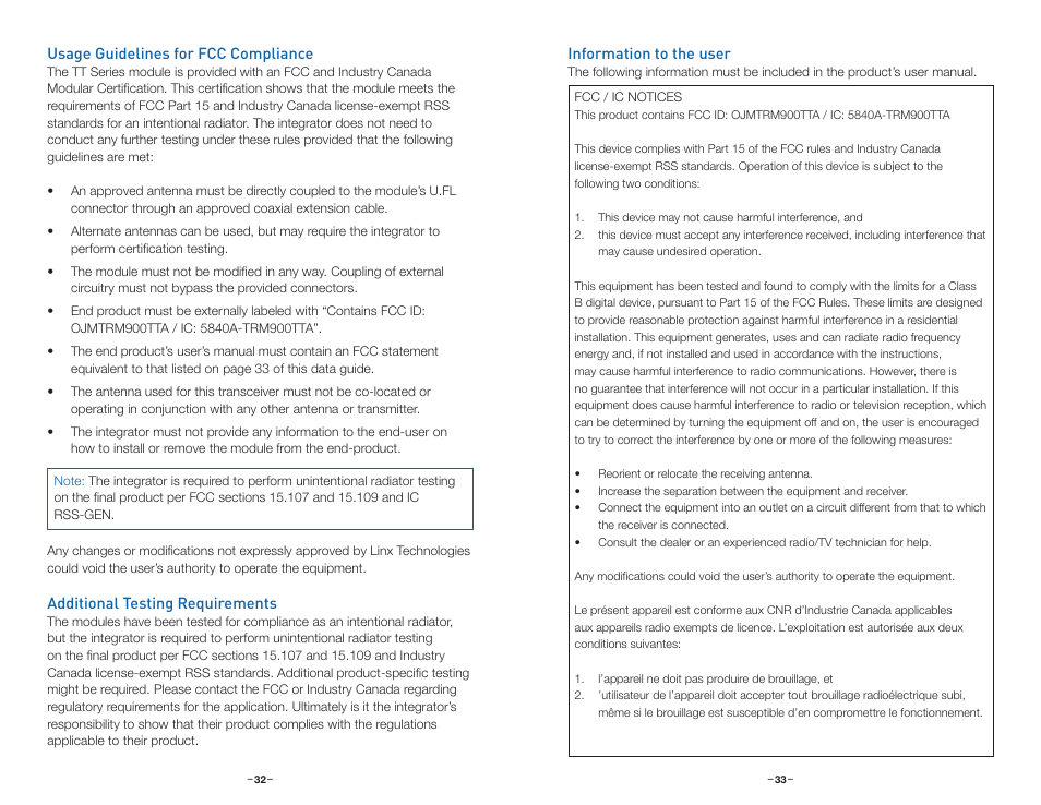 Usage guidelines for fcc compliance, Additional testing requirements, Information to the user | Linx Technologies TRM-xxx-TT User Manual | Page 19 / 29