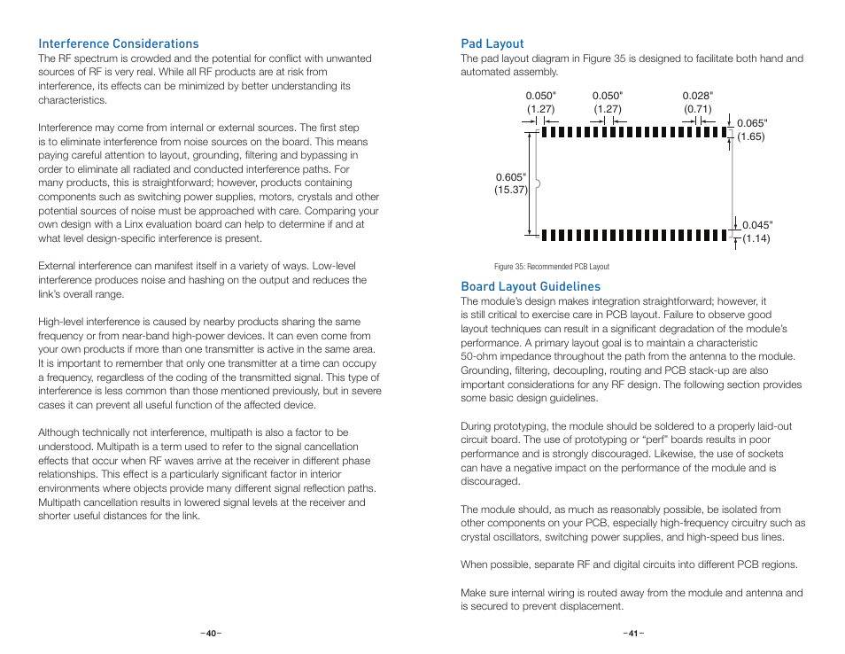 Interference considerations, Pad layout, Board layout guidelines | Linx Technologies TRM-xxx-TT User Manual | Page 23 / 29