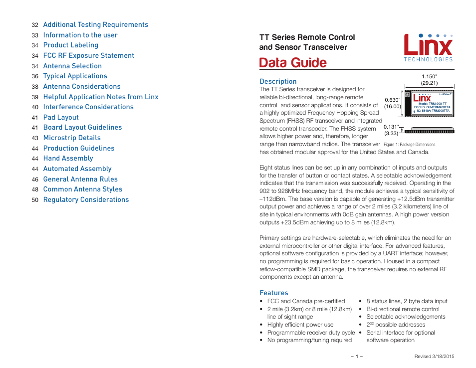 Description, Features, Data guide | Tt series remote control and sensor transceiver | Linx Technologies TRM-xxx-TT User Manual | Page 3 / 29