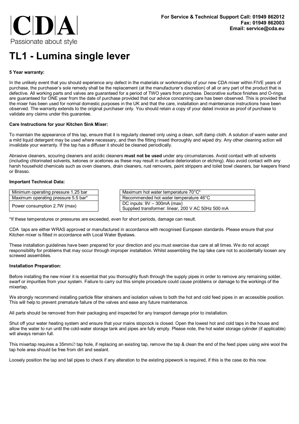 CDA LUMINA TL1 User Manual | 2 pages