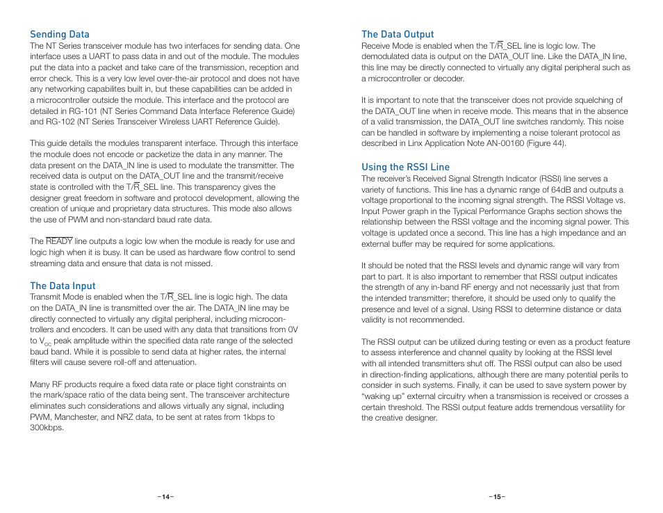 Sending data, The data input, The data output | Using the rssi line | Linx Technologies TRM-xxx-NT User Manual | Page 10 / 23