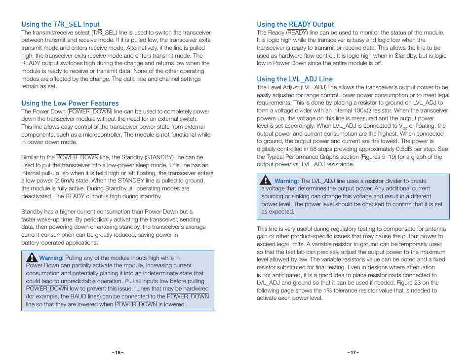 Using the t/r_sel input, Using the low power features, Using the ready output | Using the lvl_adj line | Linx Technologies TRM-xxx-NT User Manual | Page 11 / 23