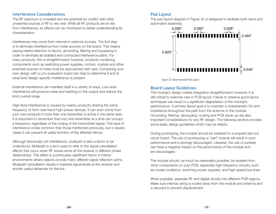 Interference considerations, Pad layout, Board layout guidelines | Linx Technologies TRM-xxx-NT User Manual | Page 16 / 23