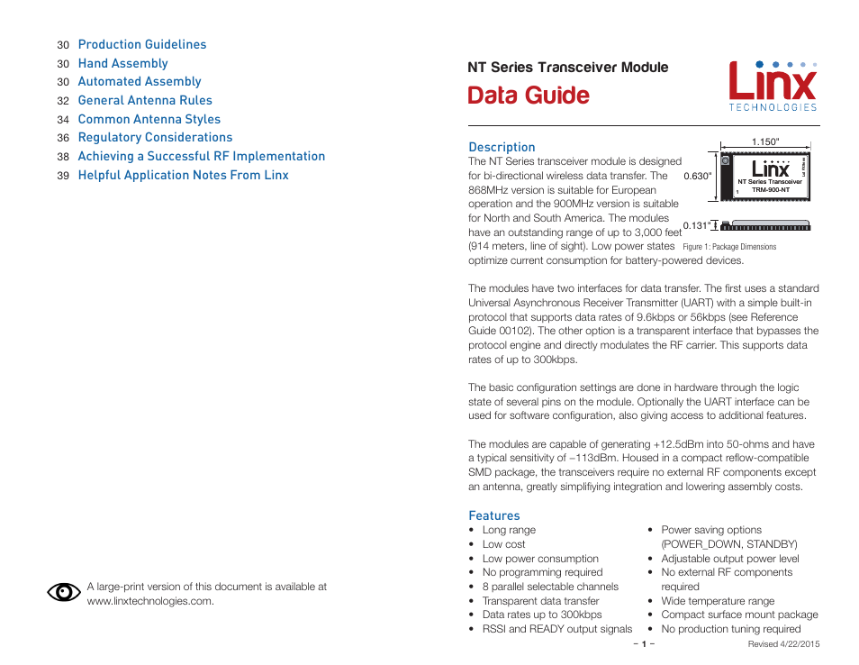 Description, Features, Data guide | Nt series transceiver module | Linx Technologies TRM-xxx-NT User Manual | Page 3 / 23