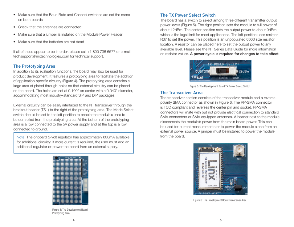 The prototyping area, The tx power select switch, The transceiver area | Linx Technologies MDEV-xxx-NT User Manual | Page 5 / 13