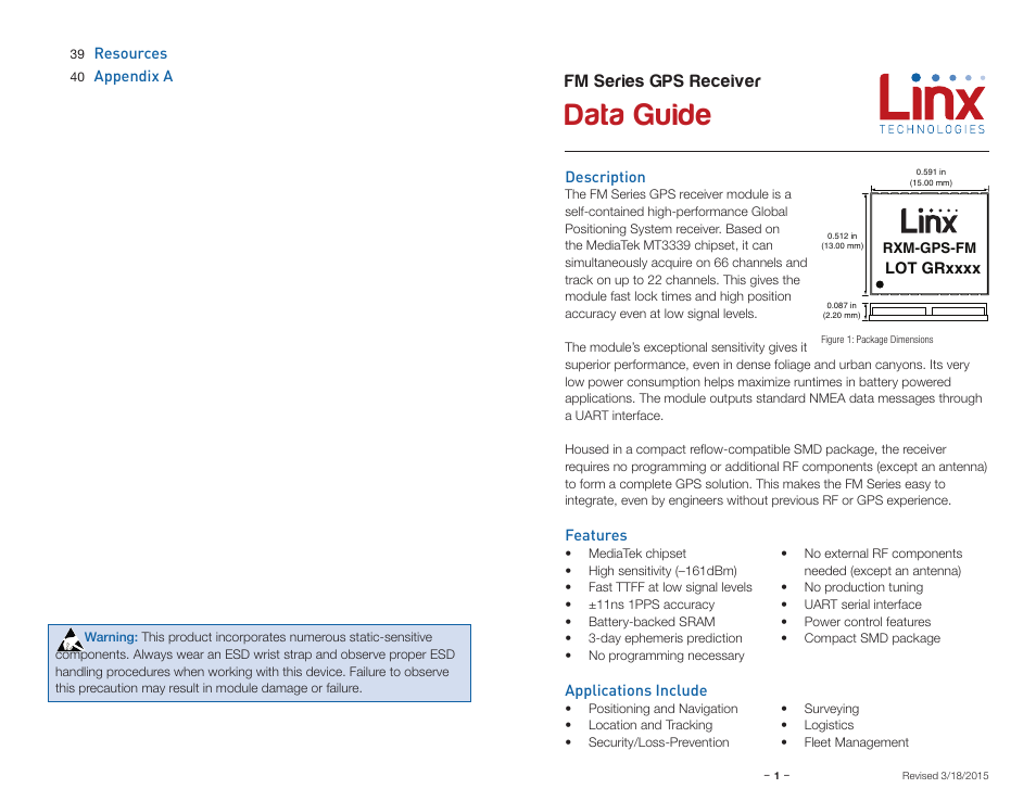Description, Features, Applications include | Data guide, Fm series gps receiver | Linx Technologies RXM-GPS-FM User Manual | Page 3 / 27