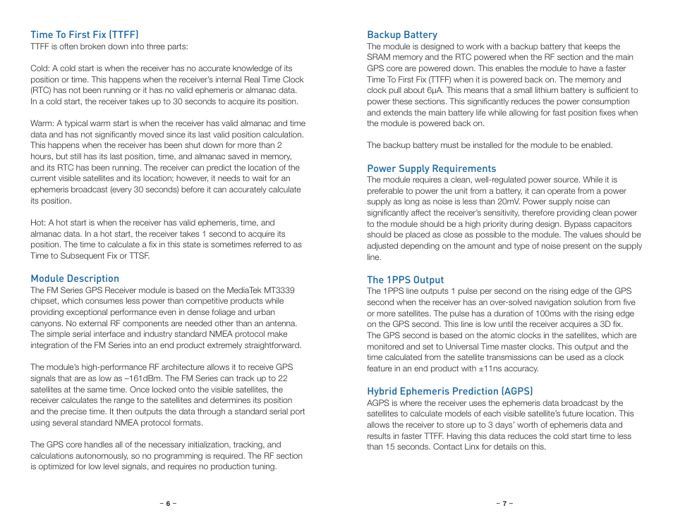 Time to first fix (ttff), Module description, Backup battery | Power supply requirements, The 1pps output, Hybrid ephemeris prediction (agps) | Linx Technologies RXM-GPS-FM User Manual | Page 6 / 27