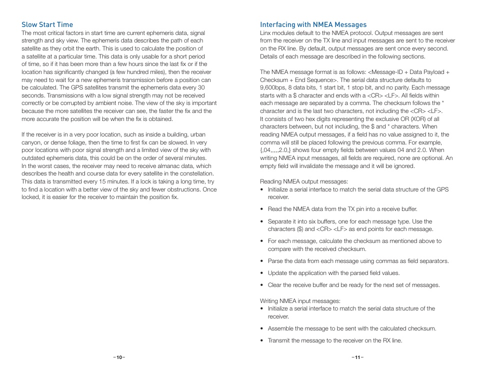 Slow start time, Interfacing with nmea messages | Linx Technologies RXM-GPS-FM User Manual | Page 8 / 27