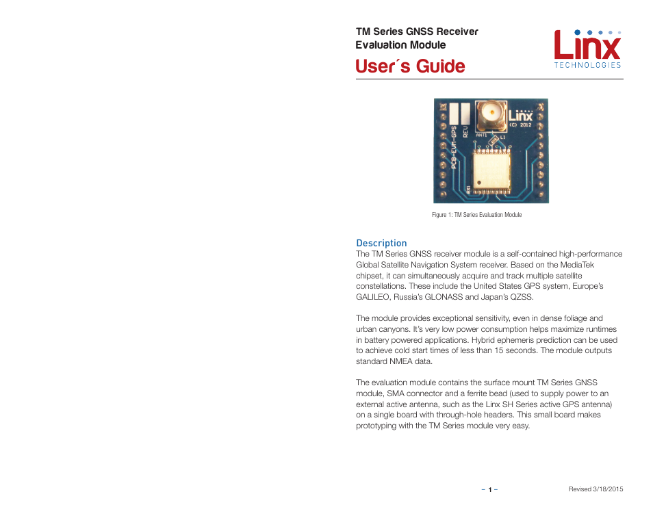 Description, User's guide, Evaluation module | Linx Technologies EVM-GNSS-TM User Manual | Page 3 / 5