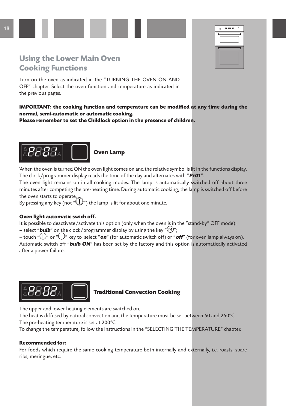 Using the lower main oven cooking functions | CDA DV 990 User Manual | Page 18 / 52