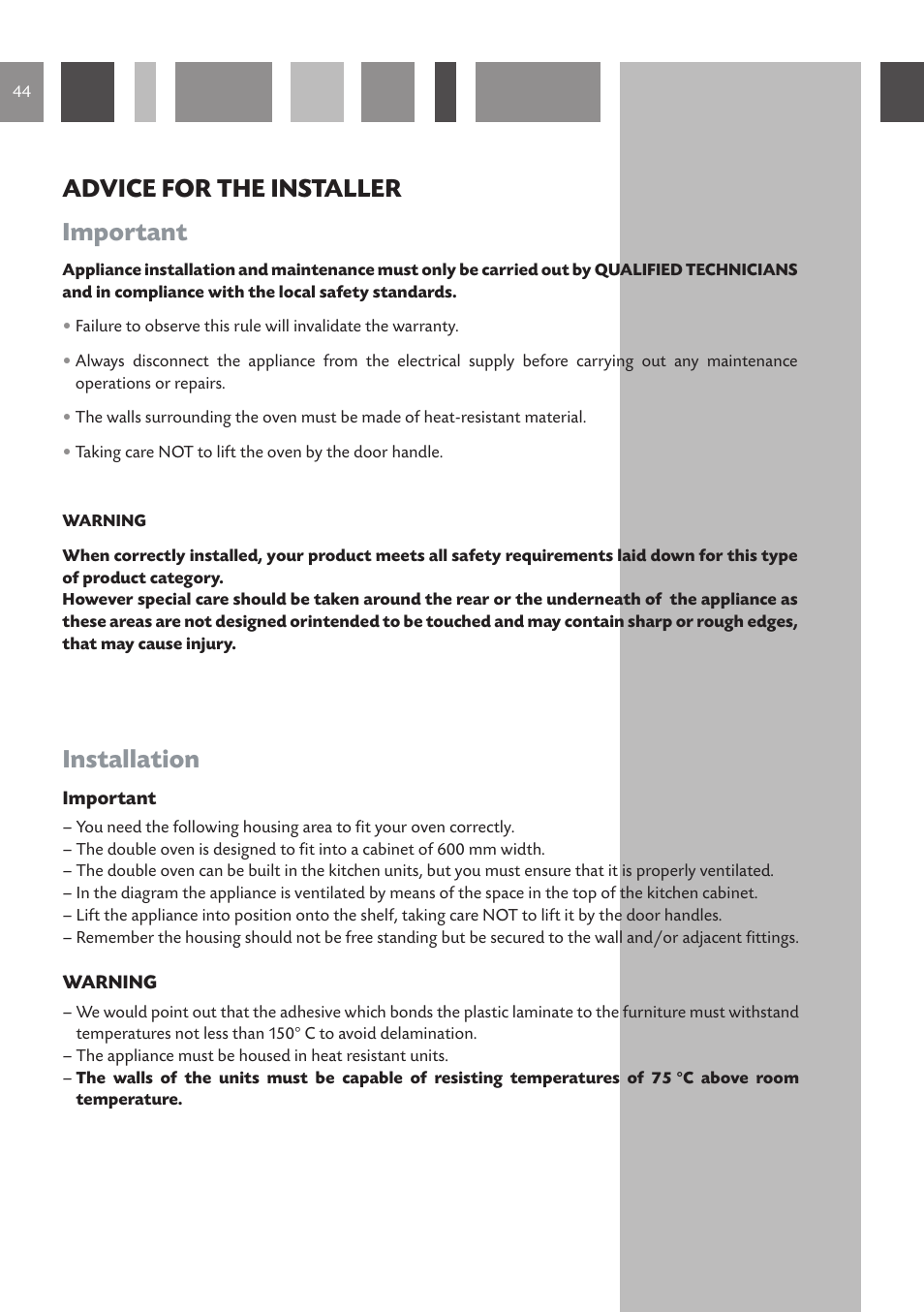 Advice for the installer important, Installation | CDA DV 990 User Manual | Page 44 / 52