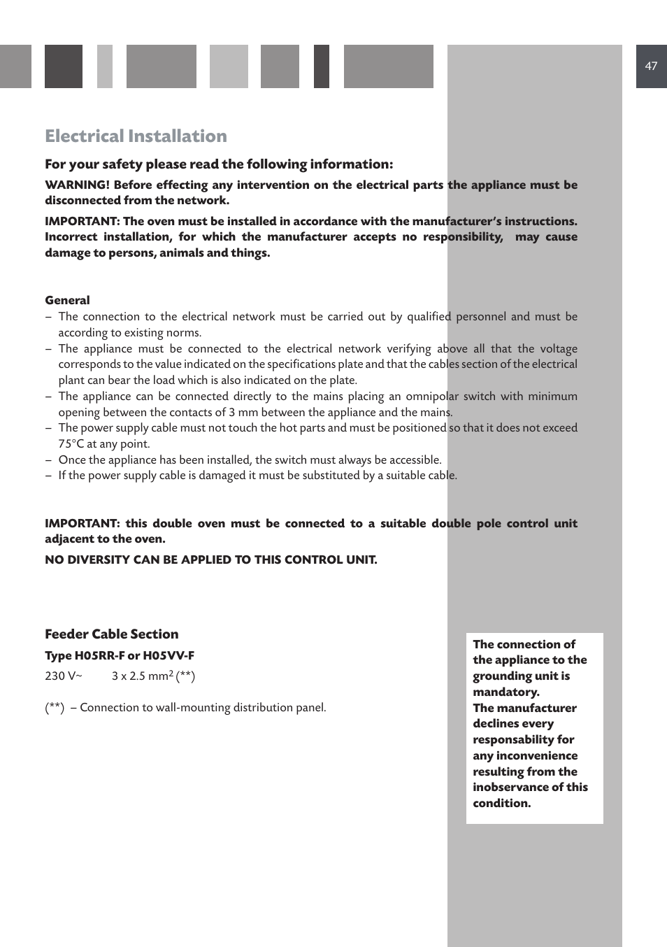 Electrical installation | CDA DV 990 User Manual | Page 47 / 52