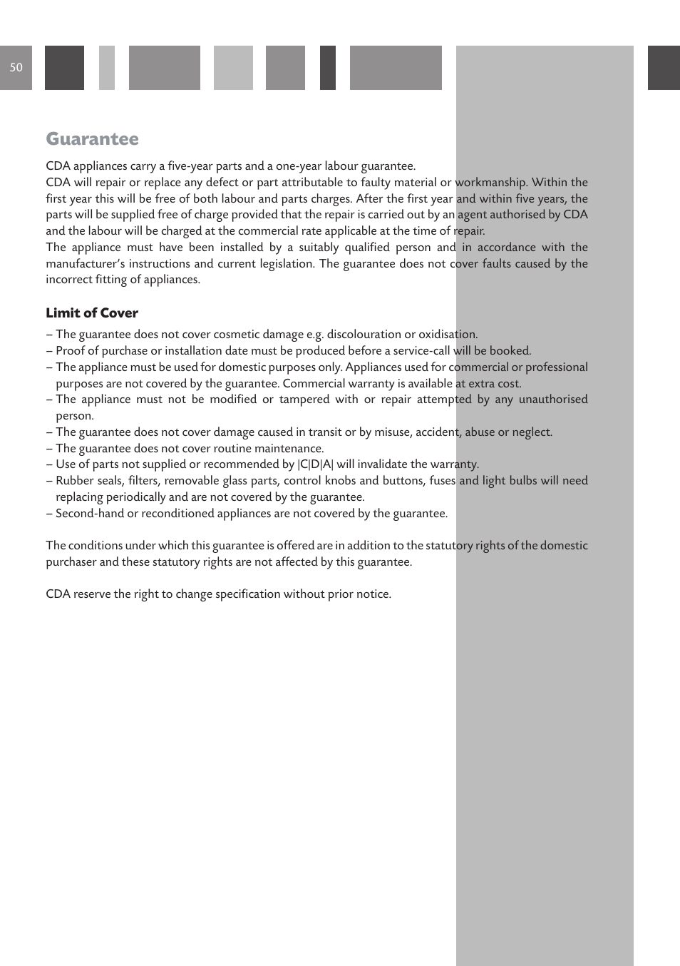 Guarantee | CDA DV 990 User Manual | Page 50 / 52