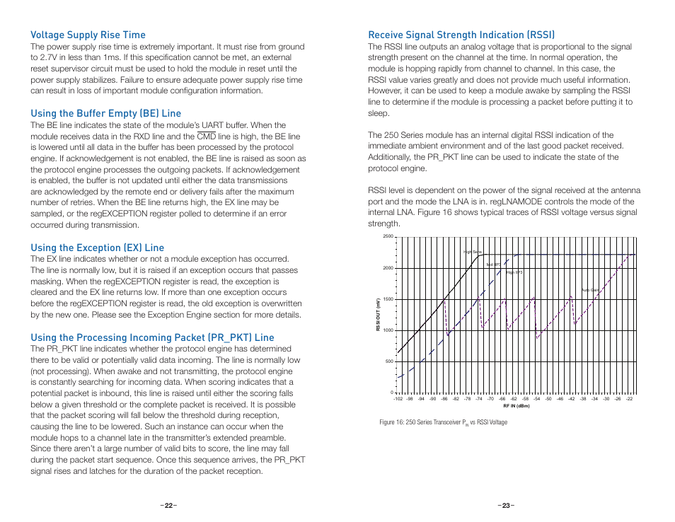 Voltage supply rise time, Using the buffer empty (be) line, Using the exception (ex) line | Using the processing incoming packet (pr_pkt) line, Receive signal strength indication (rssi) | Linx Technologies TRM-915-R250 User Manual | Page 14 / 39