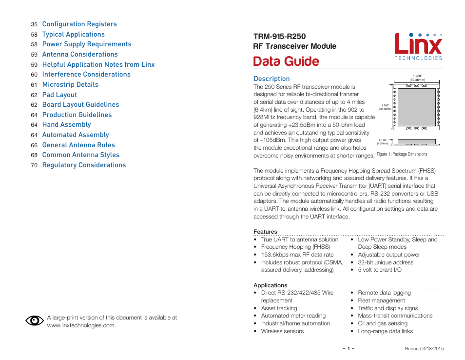 Description, Data guide | Linx Technologies TRM-915-R250 User Manual | Page 3 / 39