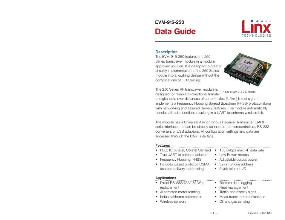 Description, Data guide | Linx Technologies EVM-915-250 User Manual | Page 3 / 9