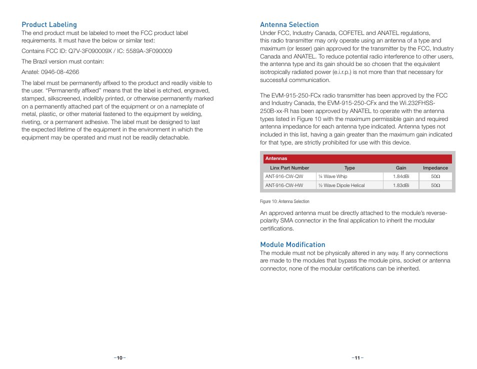 Product labeling, Antenna selection, Module modification | Linx Technologies EVM-915-250 User Manual | Page 8 / 9