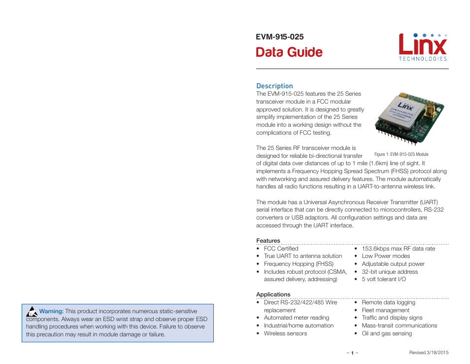 Description, Data guide | Linx Technologies EVM-915-025 User Manual | Page 3 / 9
